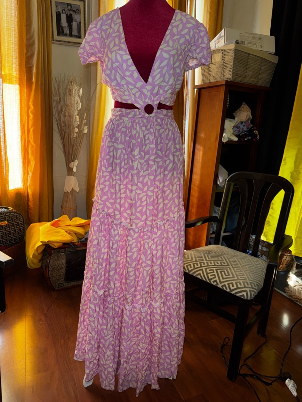 Lilac Leaf Print V-Neck Maxi Dress with Belt